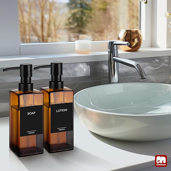 GMISUN Amber Glass Soap Dispenser, Hand Soap Dispenser with Stainless Steel Pump for Bathroom, 12 fl oz/350ml Refillable Dish Dispensers for Kitchen, Modern Liquid Lotion Bottles for Countertop