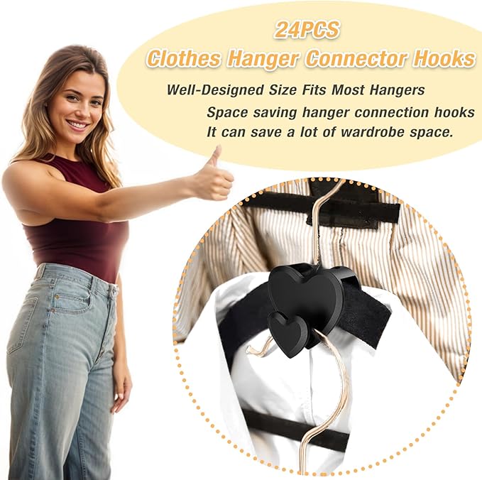 Space Saving Clothes Hanger Connector Hooks, Heavy Duty Hangers Space Saver, Durable Premium Cascading Hanger Hooks for Wardrobe Closet Organizer, 24 Pcs (Heart)