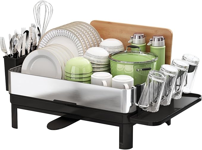 BOOSINY Stainless Steel Dish Drying Rack, Dish Racks for Kitchen Counter, Rust Proof Dish Drainer and Drainboard Set, Small Dryer with Drainage, Utensil Holder and Cup Holder