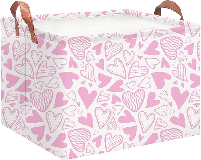 Rectangular Pink Basket Empty, Fabric Storage Basket with Handles, Books Box,Lovely Storage Bin,Room Decor,Gift Basket for Girls(Pink Heart)