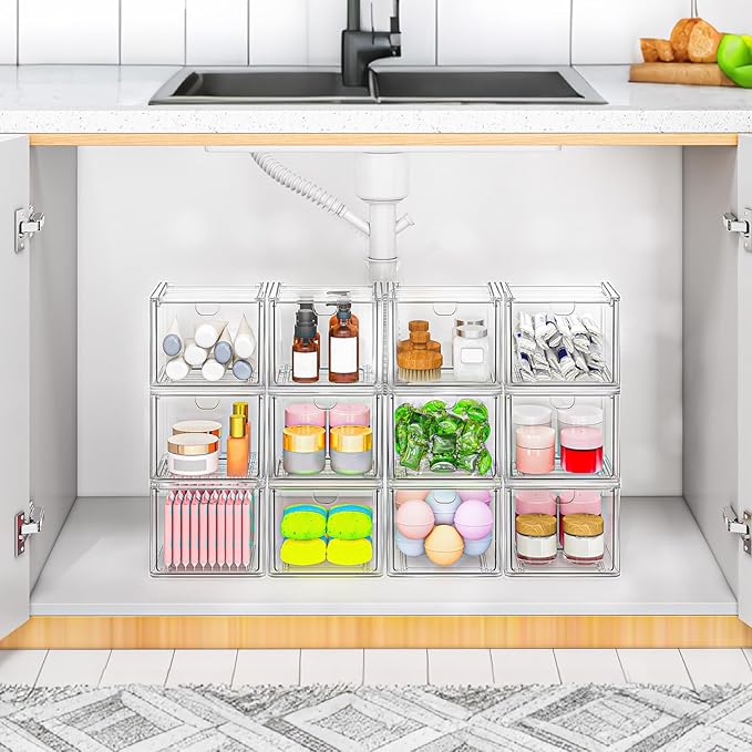 6 Pack Small Stackable Stroage Drawers, Acrylic Bathroom Makeup Organizer, Plastic Storage Bins for Vanity, Undersink, Kitchen Cabinets, Pantry, Home Organization