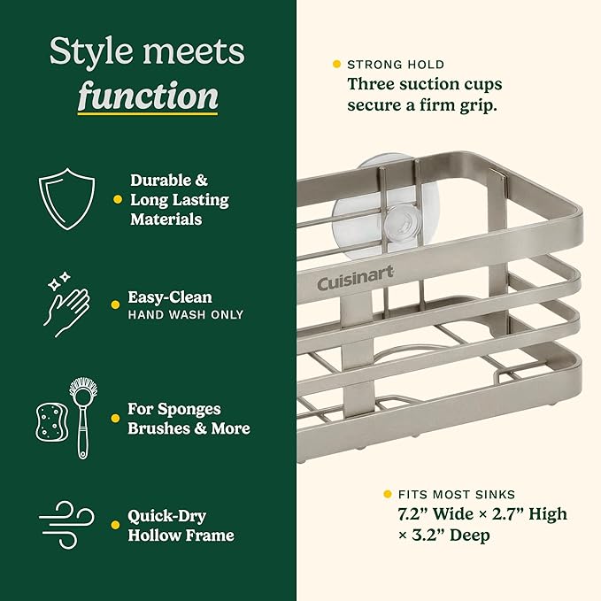 Cuisinart Sponge Holder for Kitchen Sink—Metal Sink Caddy with Triple Suction Cups, Kitchen Sink Organizer, Organization and Storage for Sponges, Brushes, Soap & Cleaning Accessories