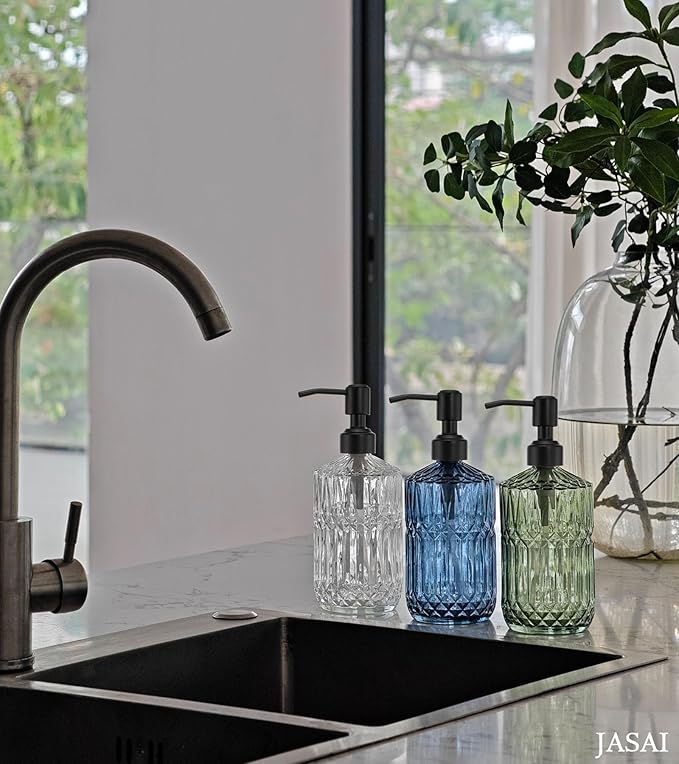 JASAI 18Oz Green Soap Dispenser with Black Rust Proof Pump, Refillable Kitchen soap Dispenser with Thick Glass, Soap Dispenser Bathroom for Hand soap, Dish Soap, Lotion, Body Wash.