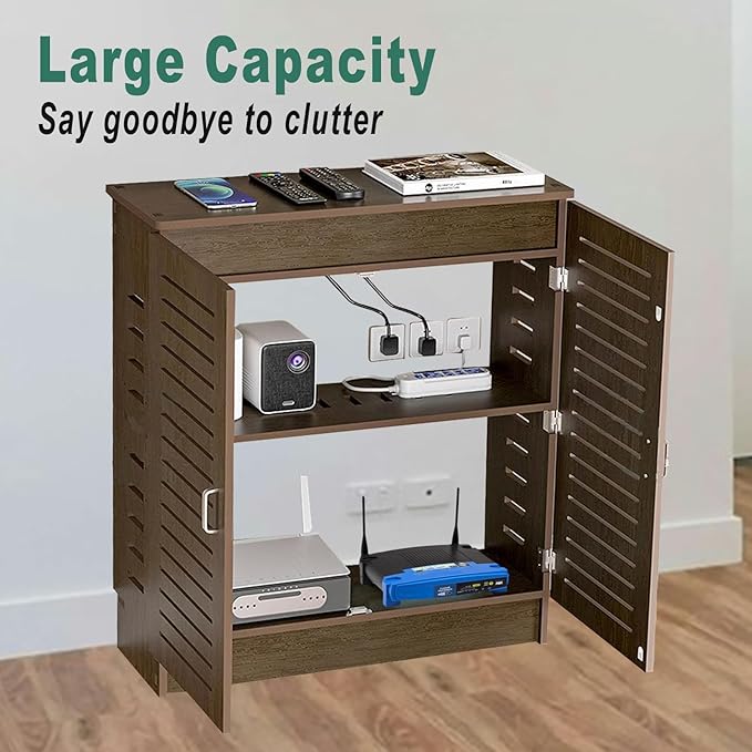 WiFi Router Storage Cabinet, PVC Floor Standing Router Storage Box Modem, Power Strip and Cable Management Hider Organizer for Home and Office (Walnut)