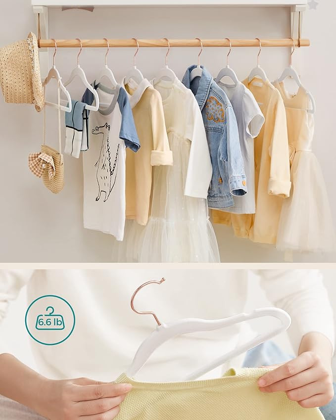SONGMICS Baby Kids Hangers 50 Pack for Closet, 11.8 x 8.1 Inches, Rose Gold 360° Swivel Hooks, Space-Saving Clothes Velvet Hangers for Nursery, Non-Slip, Cloud White UCRF027W01