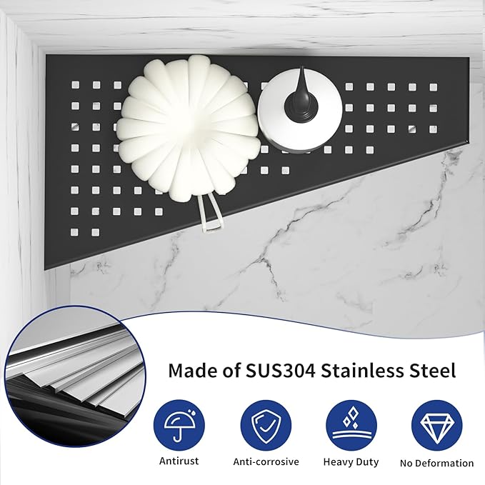 Bernkot Corner Shower Shelf, Matte Black 12" Trapezoid Grout in Shampoo Shelf, 304 Stainless Steel Grid Design Recessed Bathroom Shelf for Tiled Wall