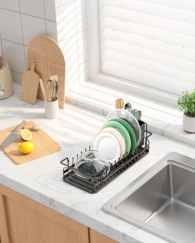 Kitsure Dish Drying Rack - Expandable Dish Rack for Kitchen Counter, Over Sink Or in Sink, Space-Saving Plates Dryer with Cutlery Holder & Drip Tray, 14.0"-20.9" L x 6.3" W x 8.0" H, Black