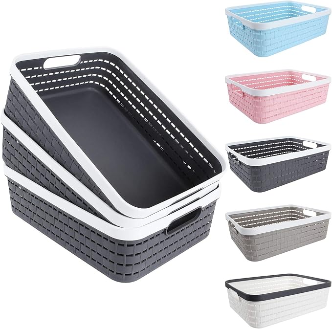 CertBuy 3 Pack Plastic Storage Baskets 14 x 10 x 4.5 Inch, Large Weave Storage Bins with Handle for Cabinet, Shelf, Kitchen, Bedroom, Bathroom and office – Dark Grey