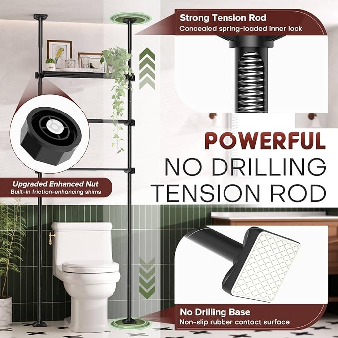 Goovilla Over The Toilet Storage Shelf, 4 Tier Bathroom Organizer Shelves with 64-124inch(H) 15-27inch(W) Adjustable No Drilling Tension Mounting, Black Space Saver Bathroom Shelf Rack Above Toilet