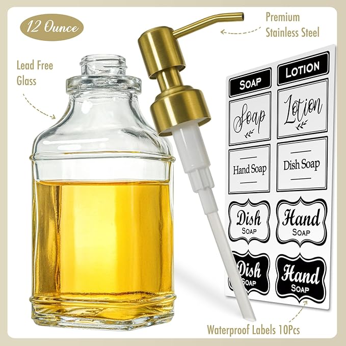 JASAI Antique Square Glass Soap Dispenser with Golden Rust Proof Pump, Refillable soap Dispenser with 10Pcs Stickers for Kitchen, Dish Soap Dispenser for Kitchen Bathroom Soap, Hand soap, Lotion.