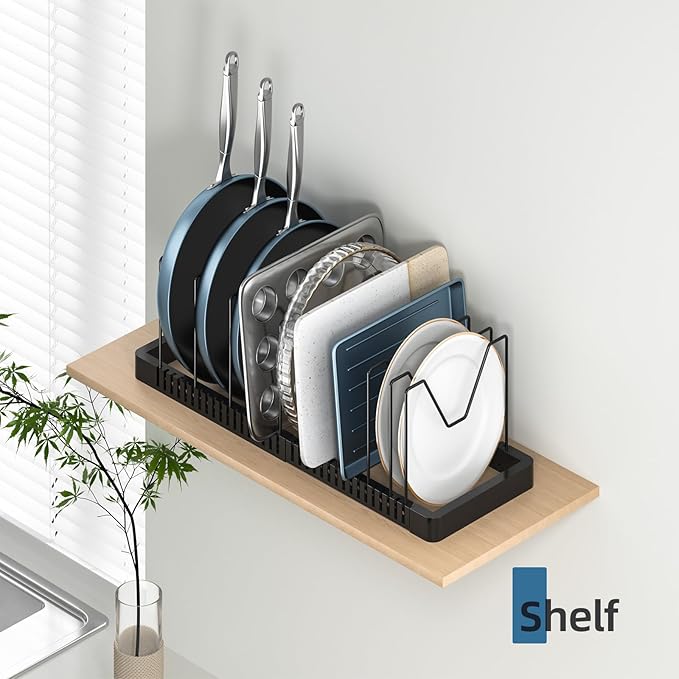 Pots and Pans Organizer under Cabinet, Expandable Pot Lid Organizer Holder with 10 Adjustable Compartment, Pan Organizers inside Cabinet for Lids, Bakeware, Kitchen Storage Pot Rack, Black