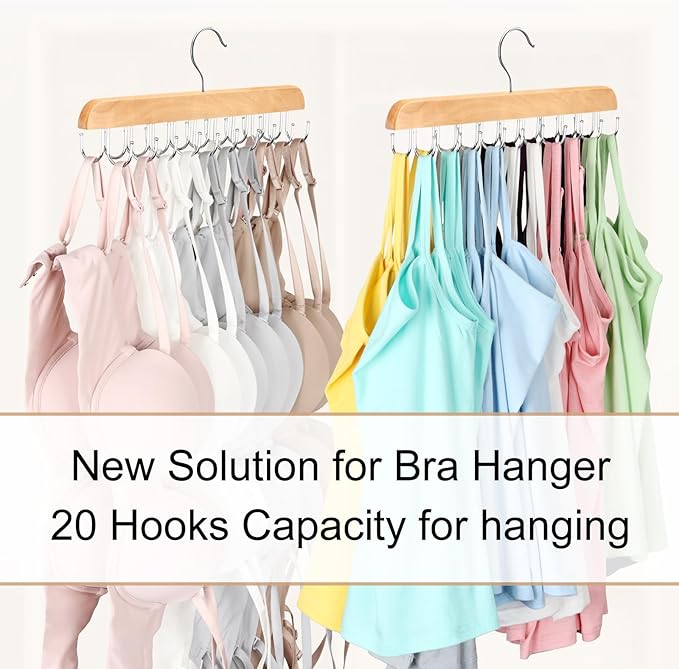 Bra Hanger for Closet, Tank Top Organizer 20 Hooks Capacity Foldable Wood Space Saving Hanger Closet Organizers and Storage for Dorm & Apartment for Tank Top, Hats, Scarf etc.