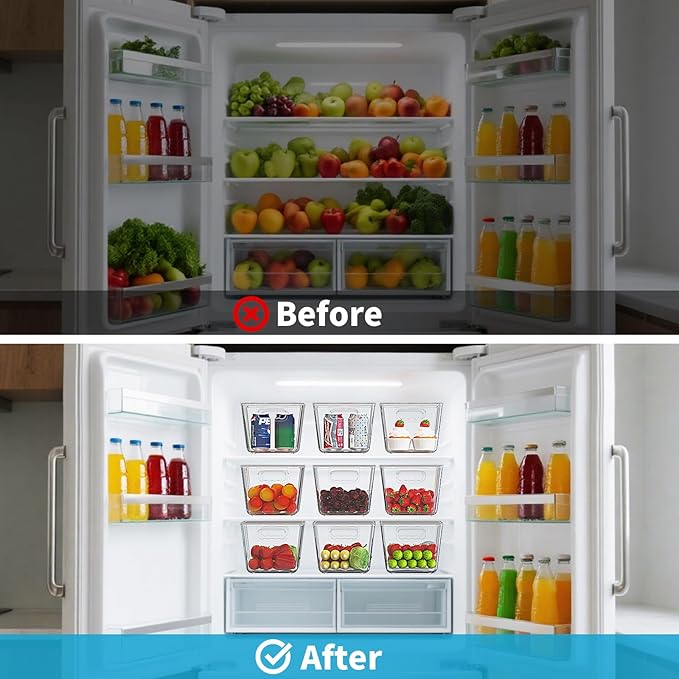 KJIXYUNG 4 Pack Clear Stackable Storage Bins with Lids, Large Plastic Pantry Organizers and Storage Containers for Kitchen Cabinet, Fridge, Closet, Bathroom - BPA-Free Home Organization Must Haves