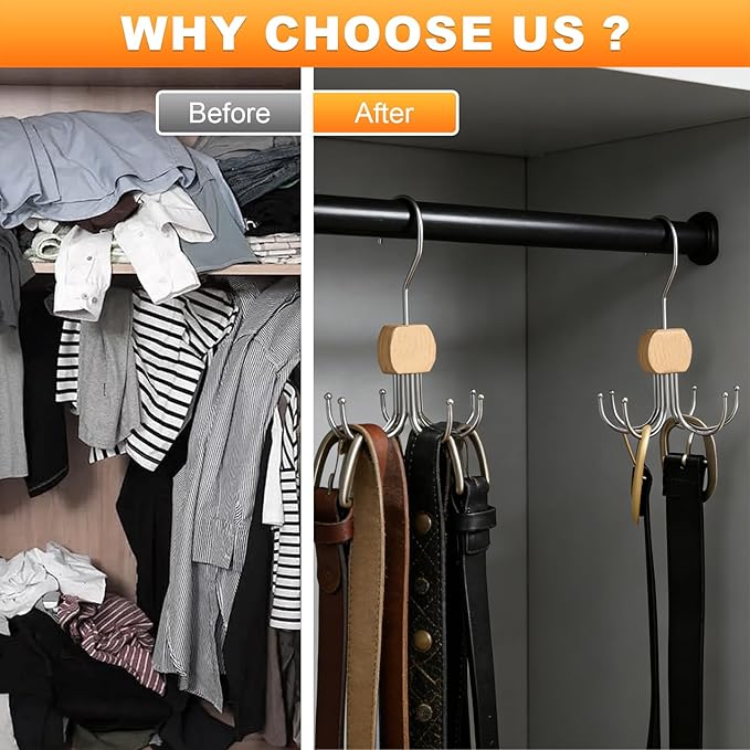 3 Pack Tank Top Hanger, Rotatable Bra Organzier for Closet, Bra Hanger for Closet Organizer, 360° Rotating & Foldable, Metal and Wood, Space-Saving Belt Hangers for Tank Tops, Belt, Tie (Wood)