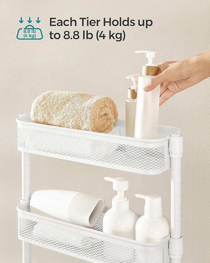 SONGMICS Slim Storage Cart, 4-Tier Metal Rolling Cart with Wheels, Flexible Baskets, Narrow Cart for Kitchen, Bathroom, Laundry Room, Easy Assembly, White UBSC065W01
