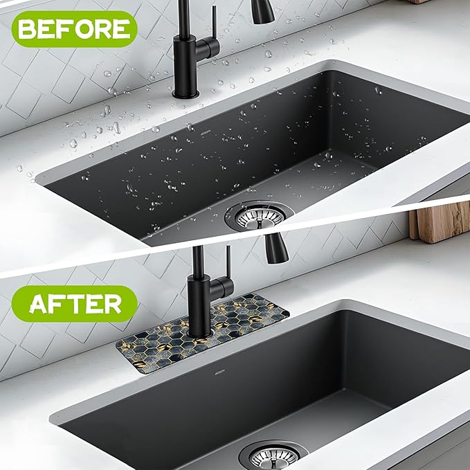 Kitchen Sink Splash Hexagon Marble and Golden Leaves Guard Faucet Mat Super Absorbent Fast Drying Mat Guard Behind Faucet Drip Catcher for Kitchen Bathroom, 15.5"X5.5"