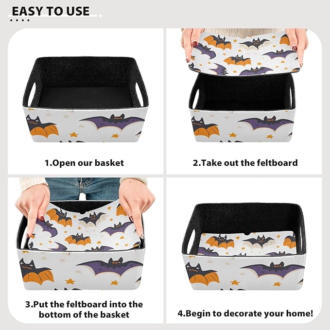 White Black Halloween Bats and Stars Closet Storage Bins 2 Pcs Felt Open Home Storage Containers Organizer with Handles Collapsible Shelf Basket for Home Office Craft Room Classroom Fabric