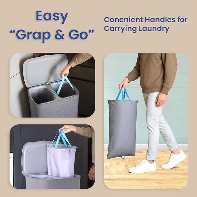 XABITAT Dual Section 90L Laundry Basket with Wheels and Lid – Tall divided Double Laundry Hamper with 2 Removable Washable Bags, Large Laundry Sorter for Easy Clothes Separation