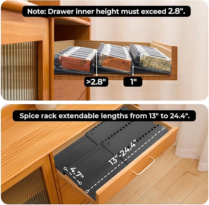 Spice Drawer Organizer, 2 Tier- 2 Pack Drawer Seasoning Organizer Expandable from 13" to 24.4", Spice Rack for Kitchen Drawers, Spice Organization Insert Tray for Drawer (Jars not included)