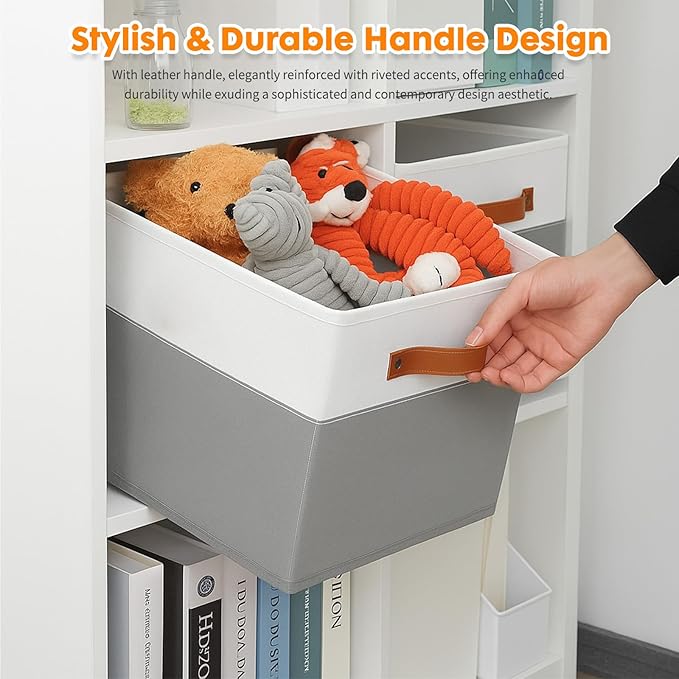 ShellKingdom Storage Bins, Two-Tone Foldable Fabric Storage Cubes with Leather Handle for Closet Toys Clothes Storage Organizer Drawer, 10.5 X 10.5 X 11 inch, 2 Pack (White/Grey)