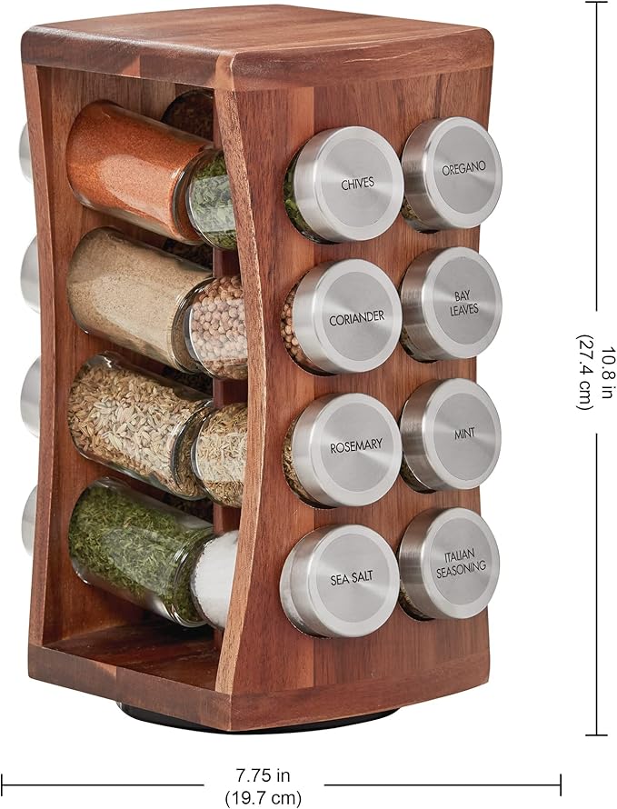 Kamenstein 16 Jar Hourglass Revolving Countertop Spice Rack with Spices Included, FREE Spice Refills for 5 years, Acacia with Stainless Steel Caps,Brown (Pack of 2)