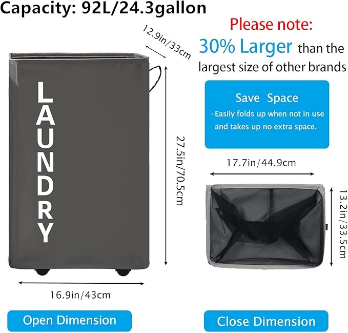 92L Extra Large Laundry Hamper with Leather Handle,Standable Laundry Basket with Wheels Laundry Hamper on Wheels,Large Hamper,Rolling Laundry Basket Grey