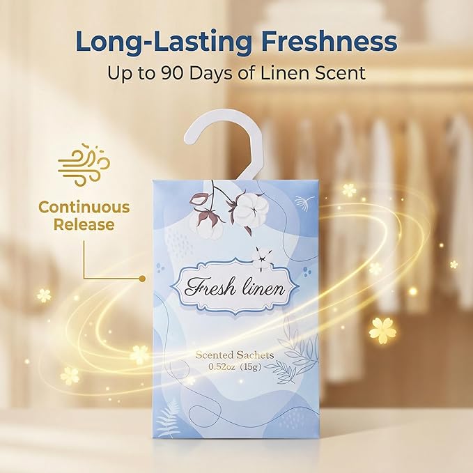 12 Packs Fresh Linen Hanging Scented Sachets for Drawers and Closets with Retractable Hook| Long-Lasting Closet Air Freshener & Closet Deodorizer | Closet Scent Freshener (Fresh Linen)