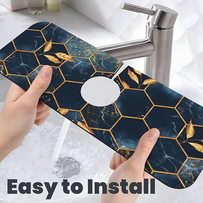 Faucet Draining Mat For Kitchen Sink, Black And Blue Honeycomb Marblenon Diatom Mud Absorbent Drain Pad For Bathroom Kitchen Sink Splash Guard Drying Mat
