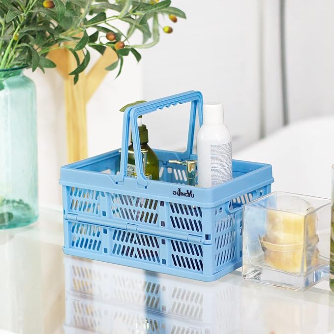 crates for storage,plastic baskets for organizing,collapsible shopping basket,foldable crate with Handles,collapsible storage crate,car basket,for Kitchen,Bathroom,Medicine (Blue, S)