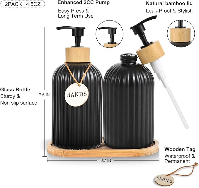 2 Pack ViserVita Glass Hand Soap Dispenser Set with Bamboo Pump, Elegant Refillable Liquid Dish Soap Dispenser with Tray, Perfect for Kitchen Sink and Bathroom Decor