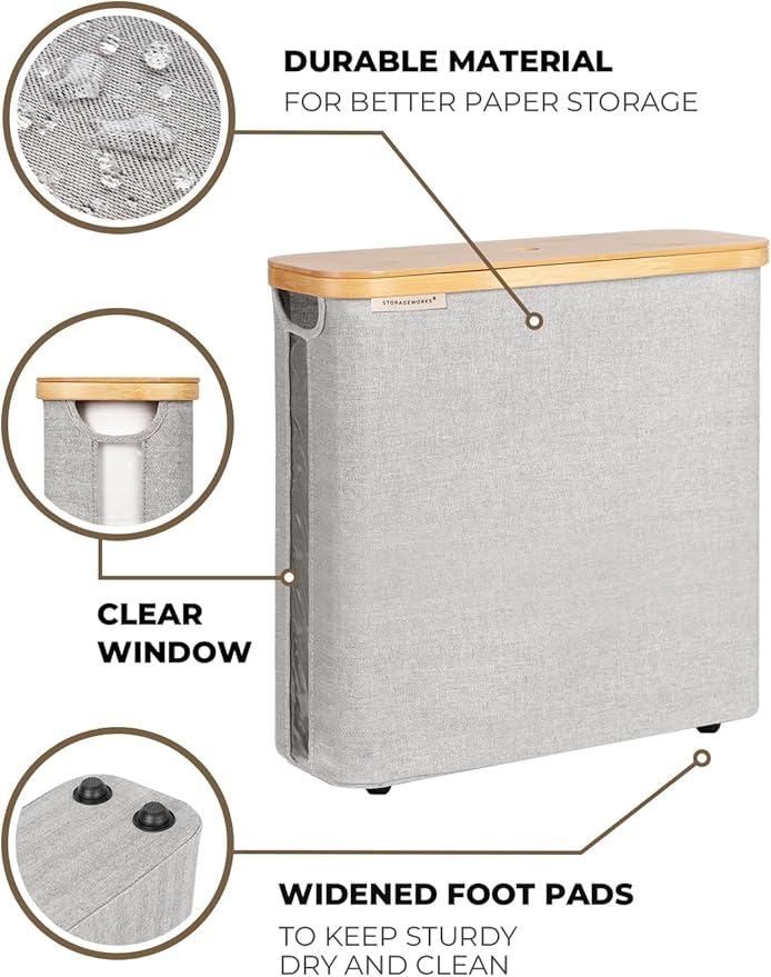 StorageWorks Large Toilet Paper Storage with Bamboo Lid, Toilet Paper Holder Basket for Up to 12 Mega or 16 Regular Size Rolls, Paper Storage Baskets for Bathroom, Grey, 1 Pack