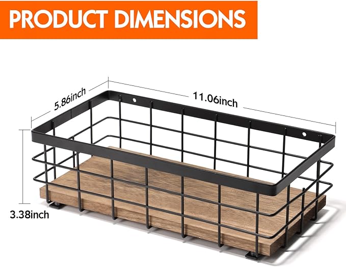 TJ.MOREE Small Metal Wire Basket, Decorative Wood Base Organizer for Bathroom, Kitchen, Basket for Toilet Paper Storage, Sugar Packet, Coffee Syrup, Guest Towel, Napkin