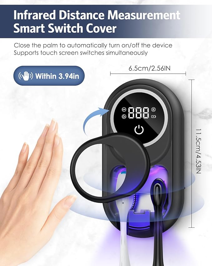 Temracha Toothbrush Sanitizer Holder, Upgraded UV Toothbrush Holder with Dual-Mode Clean & Air Dry, LED Smart Screen, Auto-Inductive Cover, Toothbrush Wall Mounted Cleaner Organizer for Bathroom, Trip