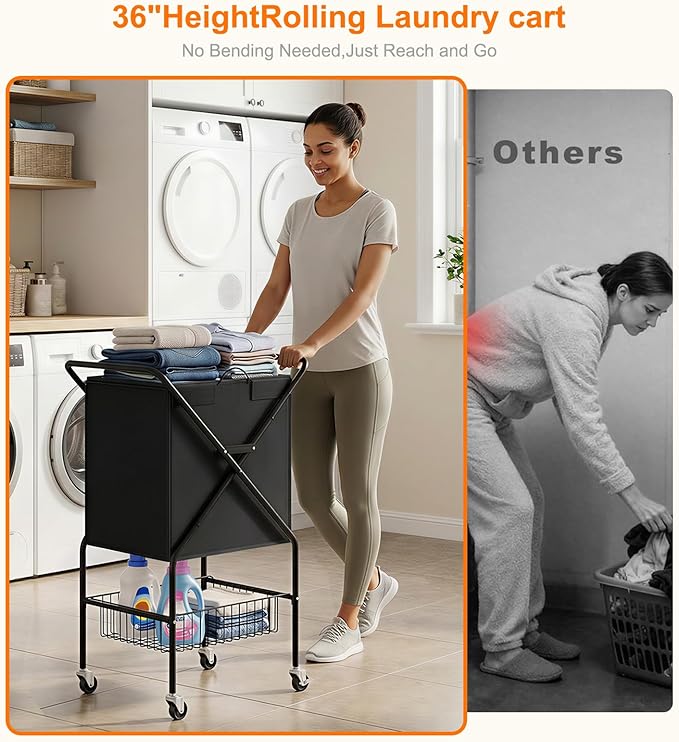 Laundry Basket with Wheels:88L Rolling Laundry Cart Foldable Metal Frame Dirty Clothes Laundry Hamper 36"H 4 Caster 2 Brake Waterproof Removable Liner Carry Handle for Dorm Laundry Room,Black