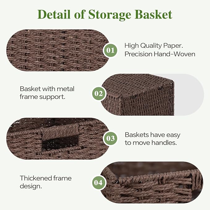 Woven Wicker Storage Baskets 2-Pack, 11x11 Handwoven Paper Rope Organizer Bins, Foldable Cube Storage Cubes with Built-in Handles for Shelves and Closet Organization(Dark Brown）