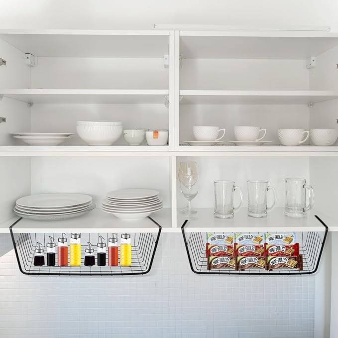 6 Pcs Undershelf Storage Basket Under Shelf Wire Basket Household Metal Under Shelf Hanging Storage Bin Basket Slides Under Shelves for Kitchen Pantry Bookshelf - 14.2" D x 9.1" W x 5.5" H, Black