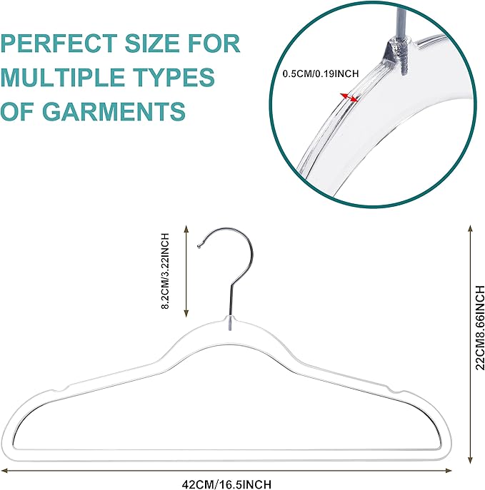 Quality Hangers Clear Plastic Hangers for Clothes | 50 Pack - 16.5 Inch | Heavy Duty Hangers Space Saving Crystal Acrylic | 360 Degree Swivel Hook and Notches (Clear, 50)