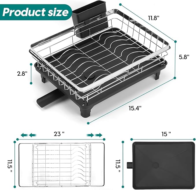 MERRYBOX Stainless Steel Dish Drying Rack, Expandable Dish Drainers for Kitchen Sink, Non-Slip & Durable - Sink Dish Rack with Large Cutlery Holder (Adjustable 15.4" to 23" cm)