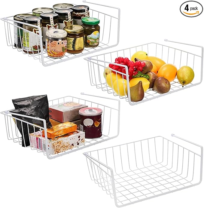 Tebery 4 Pack White Under Shelf Wire Basket Hanging Storage Baskets, Small Add-on Storage Racks Slide-in Cabinet Baskets Organizer for Kitchen Pantry Desk Bookshelf