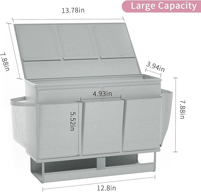Bedside Caddy Bedside Organizer,Bed Caddy with 11 Pockets and Power Strip Holder,Versatile Bedside Storage Caddy for Home,Dorm,Bunk,Hospital,Crib Bed (Grey)