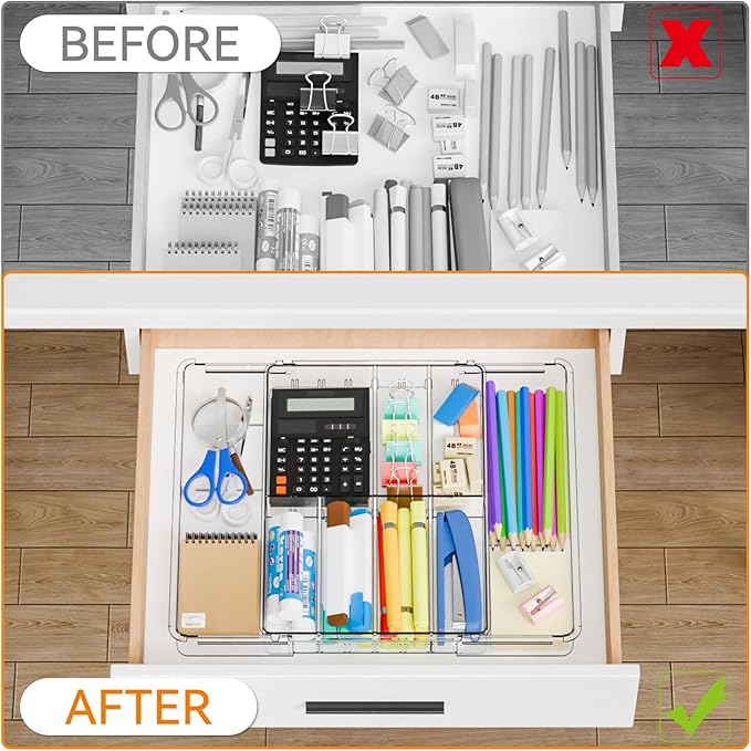 Yieach Expandable Desk Drawer Organizer Tray,1.8 Inch High Junk Drawer Organizer for Kitchen,Clear Shallow Office Drawer Organizers With 10 Compartments for Pencil,Pen,Office Supplies and Accessories
