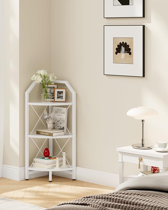 3-Tier Corner Shelf, Industrial Corner Bookshelf, 35.4" Storage Stand, Plant Stand Display Shelf, Bookcase for Bedroom, Living Room, Home Office, White TCJ03WB
