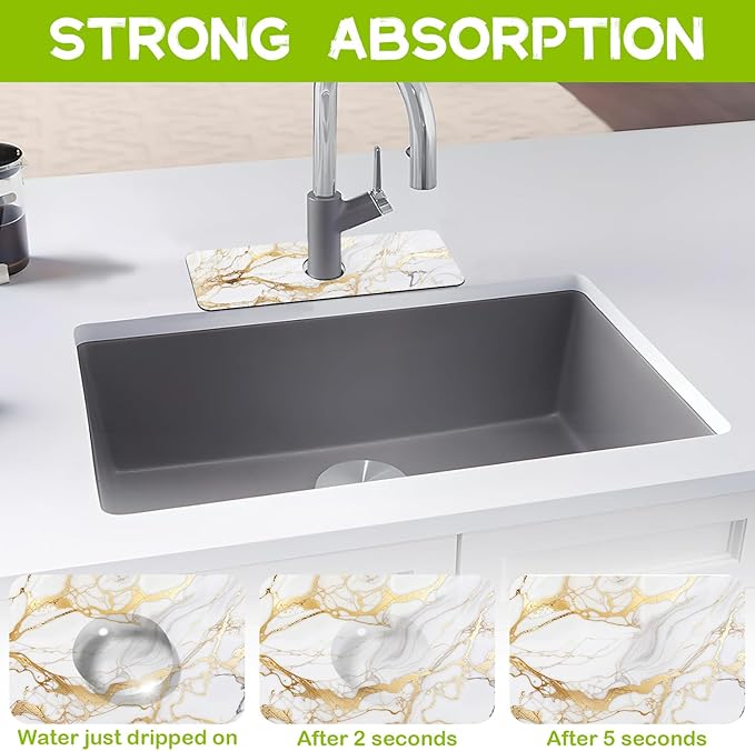 Gray Gold Marble Kitchen Sink Splash Guard Faucet Mat Super Absorbent Fast Drying Mat Guard Behind Faucet Drip Catcher for Kitchen Bathroom, 15.5"X5.5"