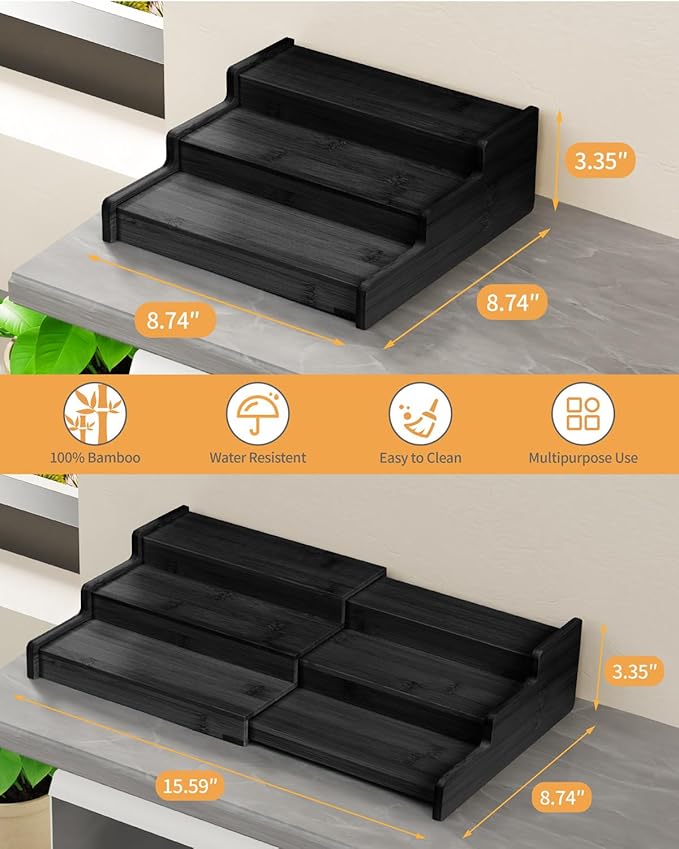 Spice Rack, 3-Tier Expandable Bamboo Spice Rack Organizer for Cabinet, Kitchen, Pantry and Cupboard Storage Organizer-Black(2pack)