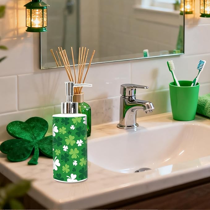 JarThenaAMCS St. Patrick's Day Soap Dispenser Glass Dispenser with Pump Refillable Green Shamrock Clover Liquid Soap Container for Irish Holiday Home Kitchen Bathroom Countertop