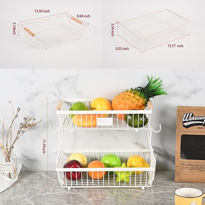 2 Tier Detachable Fruit Basket Bowl with 2 Banana Hangers, Fruit Stand Holder for Kitchen Countertop, Metal Wire Vegetable Storage Organizer, for Bread Snack Veggies Produce, White