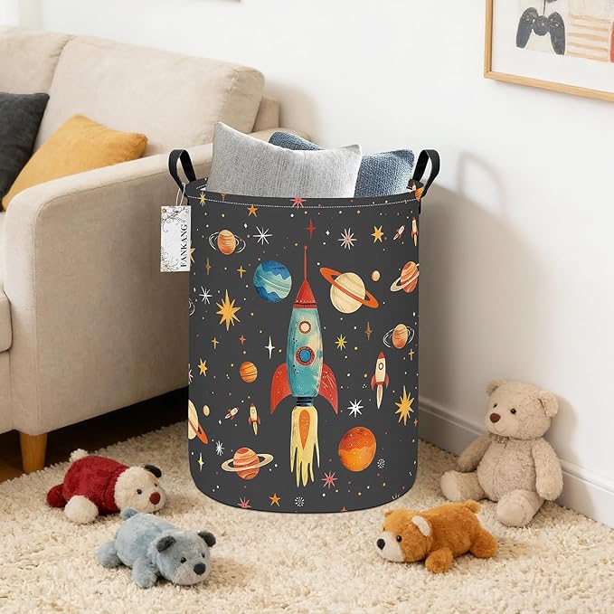 FANKANG Storage Basket, Nursery Hamper Canvas Laundry Basket Foldable with Waterproof PE Coating Large Storage Baskets for Kids Boys and Girls, Office, Bedroom, Clothes,Toys(Space rocket)