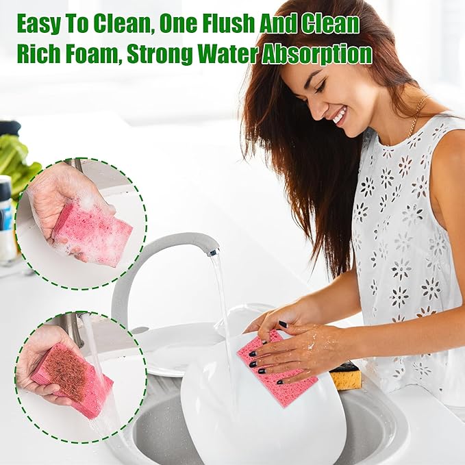 12 PCS Kitchen Sponges, Natural Compressed Cellulose Sponges, Non-Scratch Reusable Sponges for Kitchen Dish Washing, Scrub Sponge for Cleaning, Bathroom, Cars, Cut-Outs DIY