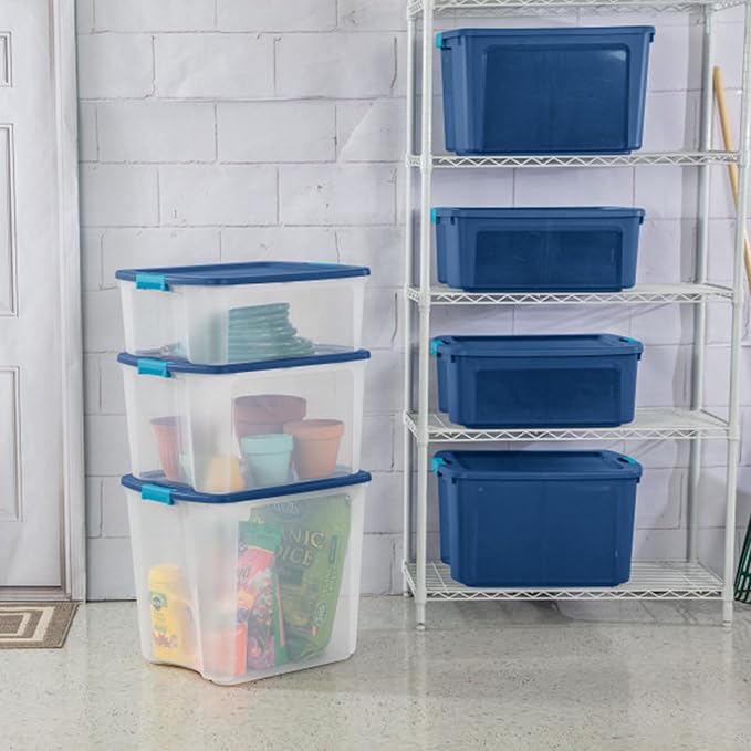 Sterilite 12-Pack Latch and Carry, Clear Plastic Storage Bins with Latching Lids and Full-Grip Handles, 27 Gallon