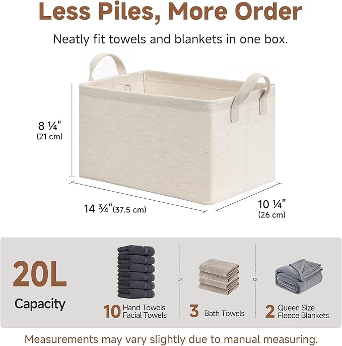 StorageWorks Storage Bins, Shelves Baskets for Organizing, Fabric Closet Organizers with Handles, Metal Frame, Beige-Cotton-linen, 2-Pack